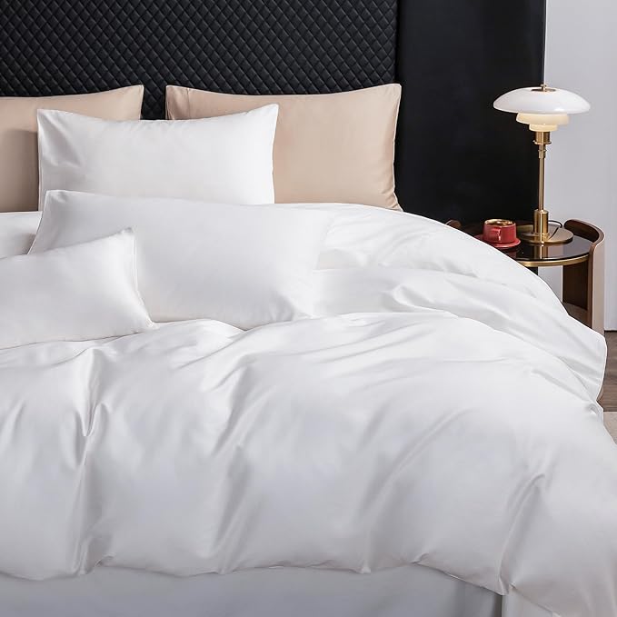 MooMee Duvet Cover Set 100% Extra Long Staple Cotton 600 Thread Count Silky Sateen Smooth Luxury Soft Breathable Durable Hotel Quality Bedding, 3 Pieces (Bright White, Oversized Queen 98"x98")
