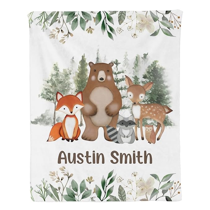 Personalized Baby Blanket, Animals Woodland Baby Blankets for Boys Girls, Super Soft Nursery Blankets with Cotton Front and Dotted Fleece Backing, Printed Bed Throws Newborn