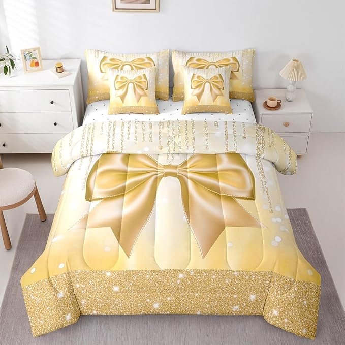 Feelyou Bowknot Comforter Set with Sheets 7 Piece Full Size Dreamy Princess Bed in a Bag Kids Boys Girls Glitter Bedding Set Cute Bow Bedroom Decor Breathable Soft Lightweight Microfiber