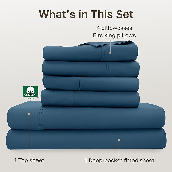 California Design Den 6-Pc King Size Sheet Set with 4 Pillowcases - Soft 400 Thread Count 100% Cotton Sheets, Sateen Weave, Deep Pocket Bedsheets Set - Peacock Blue