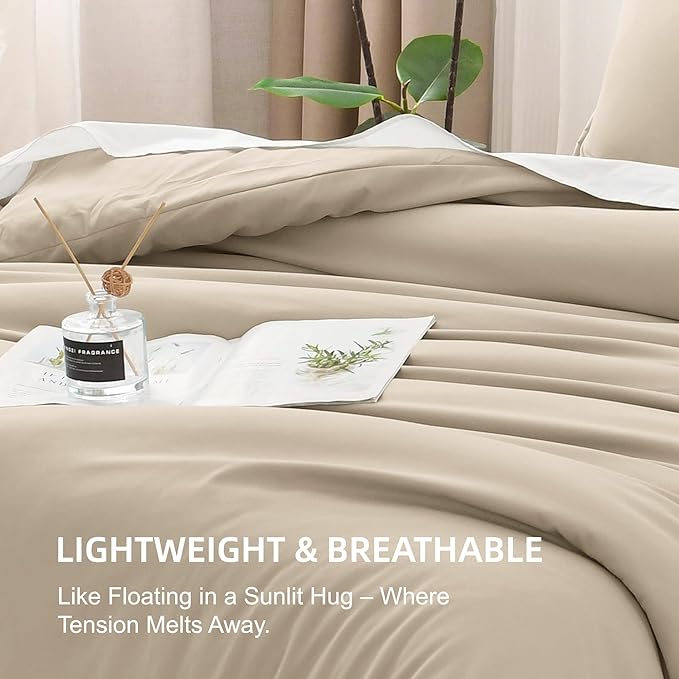 Litanika Comforters Khaki Oversized Queen Size, 3 Pieces Lightweight Solid Bedding Comforter Set, All Season Fluffy Bed Set (98x98In Comforter & 2 Pillowcases)