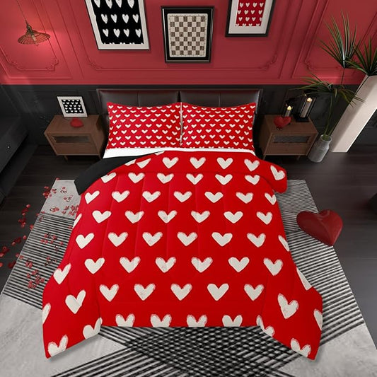 Red White Comforter Set Twin Size Cute Heart Pattern Bedding For Kids Boys Girls Valentine Day Gift Quilt Cartoon Love Geometric Duvet Insert Love Heart Soft Warm Bedding Sets Bedroom Decor 2Pcs