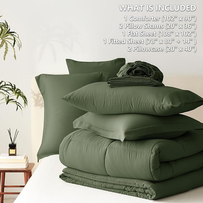 CozyLux King Size Comforter Set Olive Green - 7 Pieces Bed in a Bag King, Okeo-Tex Certifited Bedding Set, All Season Soft Bed Set with Down Alternative Comforter, Sheets, Pillowcases & Pillow Shams