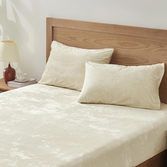 BEDELITE Velvet Fitted Sheet and Pillowcases Set, Luxury Soft Fuzzy Bottom Sheet with Reinforced Elastic Corner Straps, Deep Pocket up to 15 Inch, 1 Fitted Sheet and 2 Pillowcases (Cal King, Cream)