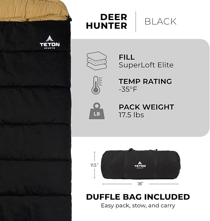 TETON Sports Deer Hunter Sleeping Bag, Warm and Comfortable Camping Sleeping Bag, Teton Tough Canvas Shell for Camping, Hunting, and Cold Weather
