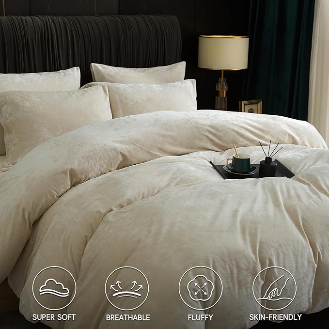 PHF Truly Velvet Duvet Cover Set King Size, 3pcs Ultra Soft Breathable Comforter Cover Set, Luxury Cozy Flannel Duvet Cover with Pillow Shams Bedding Collection, 104" x 90", Sand