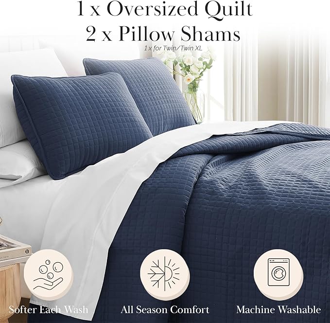 Southshore Fine Living, Inc. Lightweight Quilt King Size Bedding Set, Lightweight, Pet Hair Resistant Bedding, California/King Size Lightweight Quilt Coverlet Set w/2 Shams, Dark Blue