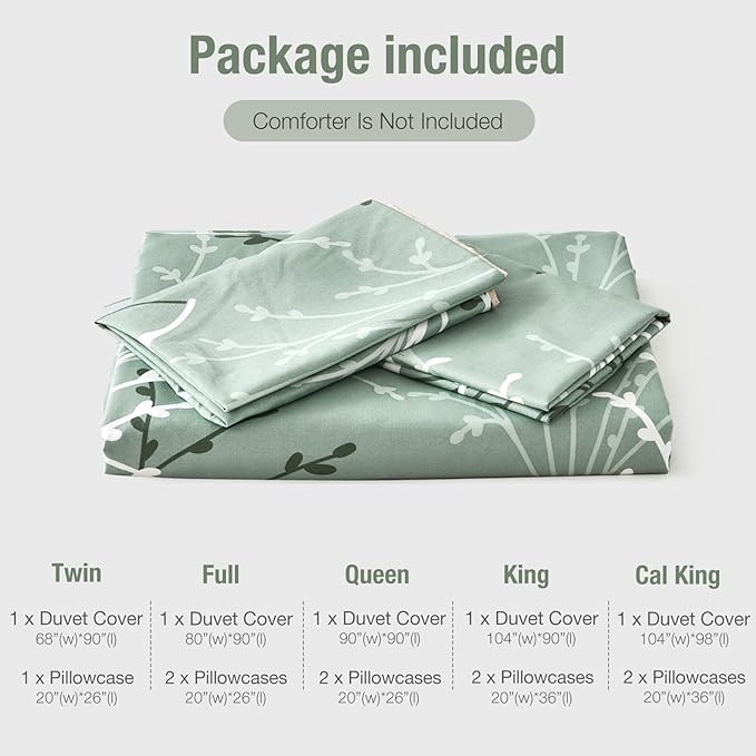 Lekesky Green Duvet Cover King Size, Reversible Floral King Comforter Cover with Branch Pattern, Soft 100% Washed Microfiber 3 Pieces Green Bedding Set with Zipper and 2 Pillowcases 20"x36"