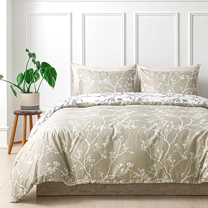 Lekesky Queen Size Duvet Cover Set, Reversible Duvet Cover Queen with Branch Pattern, Lightweight Soft Microfiber Comforter Cover, 3 Pieces Khaki Bedding Set with Zipper and 2 Pillowcases