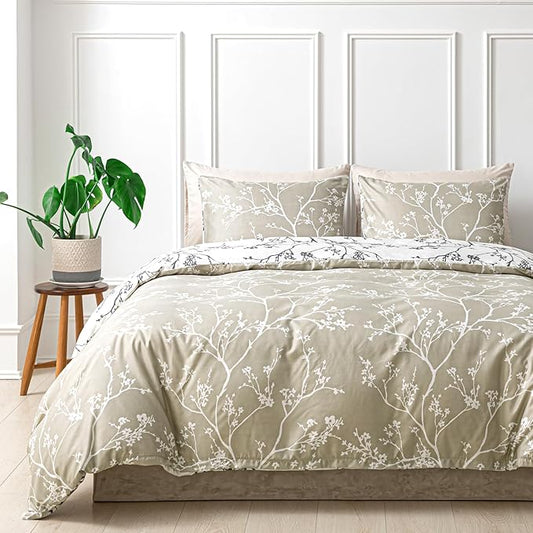 Lekesky Queen Size Duvet Cover Set, Reversible Duvet Cover Queen with Branch Pattern, Lightweight Soft Microfiber Comforter Cover, 3 Pieces Khaki Bedding Set with Zipper and 2 Pillowcases