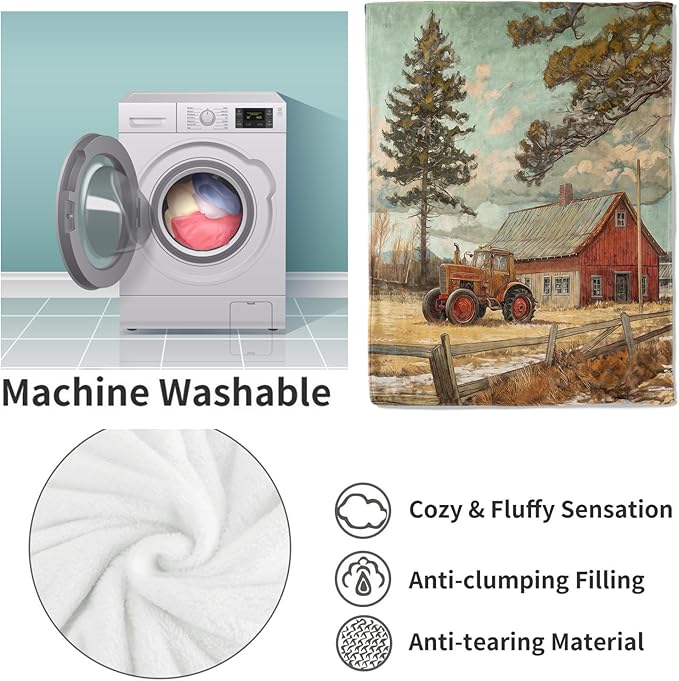 Vintage Farmhouse Flannel Blanket, Rustic Country Scenery with Tractor and Barn Soft Lightweight Throw Blankets Gifts for Adults,50" x 60" Perfect for Couch Bed Home Travel Decor
