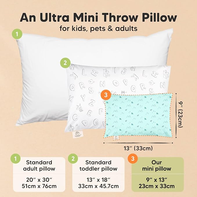 Mini Toddler Pillow with Pillowcase - 9x13 My Little Dreamy Travel Kids Pillow for Sleeping, Toddler Bed, Small, Tiny, Organic Cotton Pillowcase, Soft & Breathable, Kids 2-4 Years Old (Polar)
