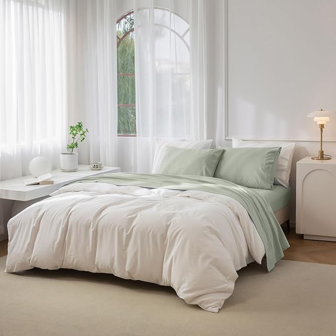 JIYUAN 100% Washed Cotton Sheet Set 4 Pieces Cal King,1 Fitted Sheet,1 Flat Sheet and 2 Pillowcases,Comfy and Breathable Linen Like Bedding Set,Heathered Sage Green