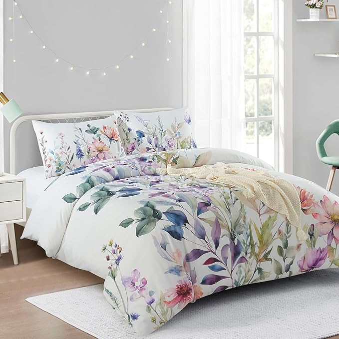 Style Quarters Duvet Cover King-3PCS Washed Microfiber Duvet Cover Set Includes 1 Duvet and 2 Pillow Shams Meadow-Floral Bedding Set Soft King Size Duvet Cover with Zipper Closure Corner Ties
