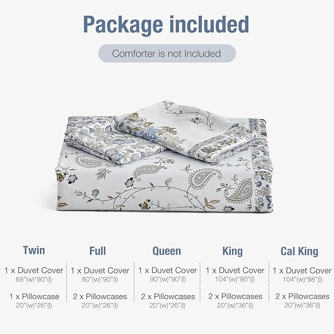 Lekesky Queen Size Duvet Cover Set, Patchwork Floral 3 Pieces Reversible Blue Paisley Duvet Cover Set, Ultra-Soft Microfiber 3 Pieces Comforter Cover with Zipper, Includes 2 Pillowcases