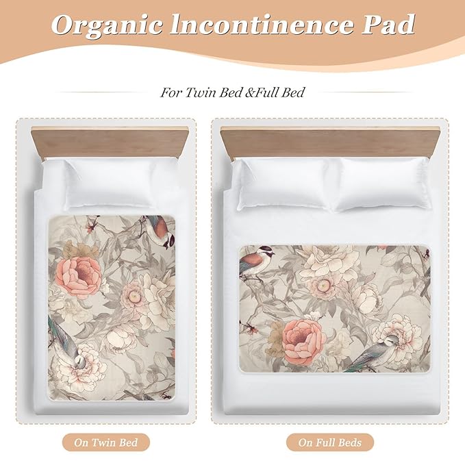 Waterproof Bed Pad Reusable Changing Pad Toddler Mattress Protector Large Pee Pad Baby Diaper Pad Soft Washable Liner White Peony Bird