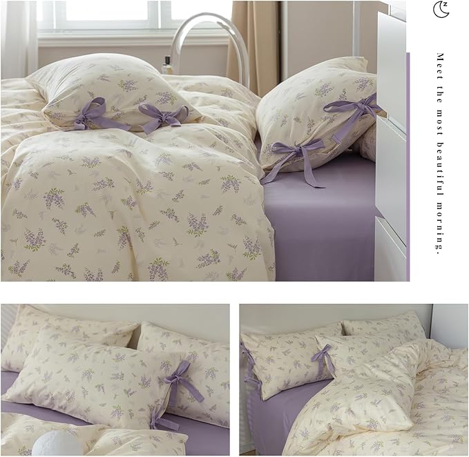 HighBuy Botanical Floral Duvet Cover Queen Boho Duvet Cover Set Soft Cotton Coquette Bedding White Duvet Cover Comforter Cover Vintage,Soft Cotton Queen Bedding Set with 2 Bowknot Bow Tie Pillowcases