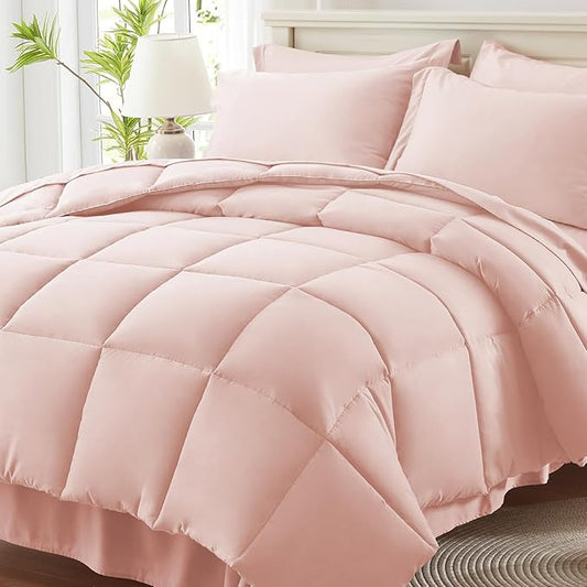 Anluoer King Size Bed in a Bag 7 Pieces, Pink Comforter Set with Sheets, All Season Bedding Sets with 1 Comforter, 2 Pillow Shams, 2 Pillowcases, 1 Flat Sheet, 1 Fitted Sheet