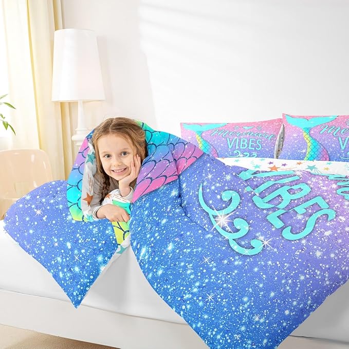 Girls Mermaid Tail Comforter Set Queen Kawaii Coastal Fish Scales Bedding Set Glitter Star Galaxy Comforter Blue Pink Pastel Ombre Set Princess Bed Set Ocean Animal Quilt Duvet 2 Pillowcases Teal