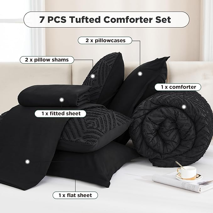 Andency Black Full Size Comforter Sets with Sheets - 7 Pieces Bed in a Bag Boho Tufted Bedding Sets Fluffy Lightweight Full Bed Set with Comforter, Sheets, Pillowcases & Shams for All Season