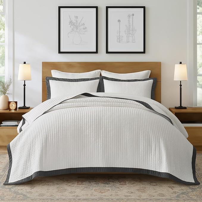 EVERGRACE Cotton Border Frame Tack-Stitch Quilt Bedding Set Queen Size, Coastal Oversized 3 Pieces Lightweight Bedspread Coverlet for All Season, with 2 Matching Shams, Washed Black