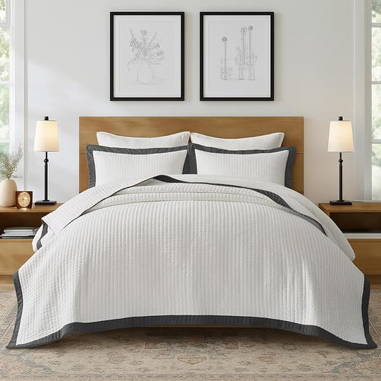 EVERGRACE Cotton Border Frame Tack-Stitch Quilt Bedding Set Queen Size, Coastal Oversized 3 Pieces Lightweight Bedspread Coverlet for All Season, with 2 Matching Shams, Washed Black