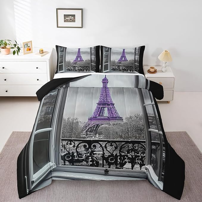 Erosebridal Purple Eiffel Tower Comforter Set King,Vintage France Paris Bedding Set for Girls Teens Women Retro City Building Down Comforter Romantic Rainy Day Quilt Set 2 Pillow Cases Bedroom Decor