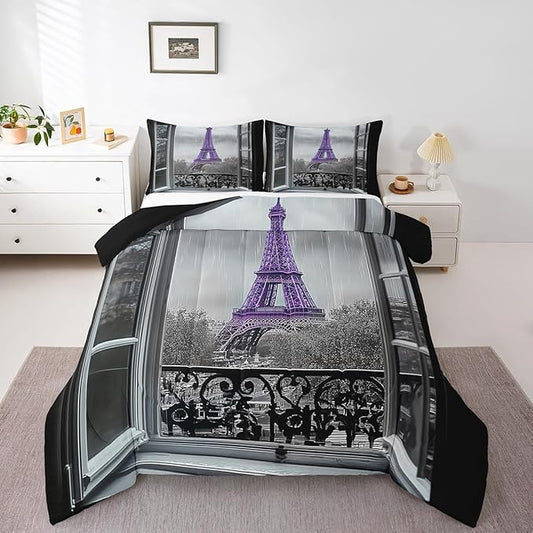 Erosebridal Purple Eiffel Tower Comforter Set King,Vintage France Paris Bedding Set for Girls Teens Women Retro City Building Down Comforter Romantic Rainy Day Quilt Set 2 Pillow Cases Bedroom Decor
