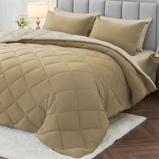 MUXHOMO 5 Pieces Twin XL Comforter Set, Reversible Bed in a Bag Twin XL Size, All Season Bedding Set with Comforter, Flat Sheet, Fitted Sheet, Pillowcases & Shams, Khaki & Linen