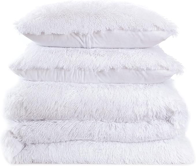 Twin Size Luxury Faux Fur Comforter Set - Soft & Breathable 5-Piece Bedding Collection - 1 Comforter, 1 Fitted Sheet, 1 Flat, 1 Pillowcase, 1 Pillow Sham - Deep Pocket - Premium Quality, White