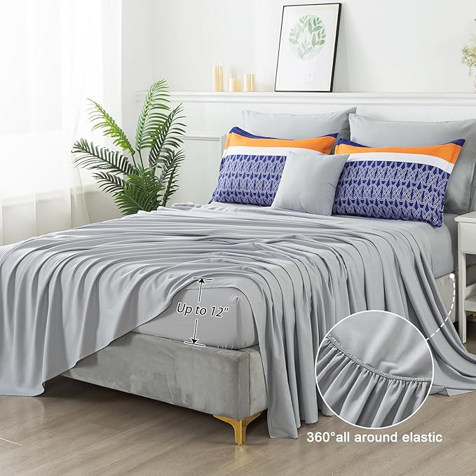 8 Pieces Bed in a Bag Stripe Comforter Set Queen Size,Blue Patchwork Striped Comforter with Sheets Set Soft Microfiber Boho Bedding Sets (Blue,Grey)