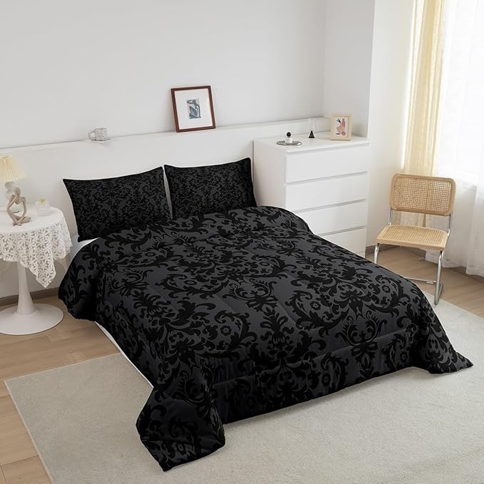 Erosebridal Adults Black Damask Bedding Set Antique Victorian Baroque Down Comforter Twin Gothic Vintage Floral Comforter Set Bohemian Exotic Bedding Quilted Grey Bedroom Decor 1 Pillow Case
