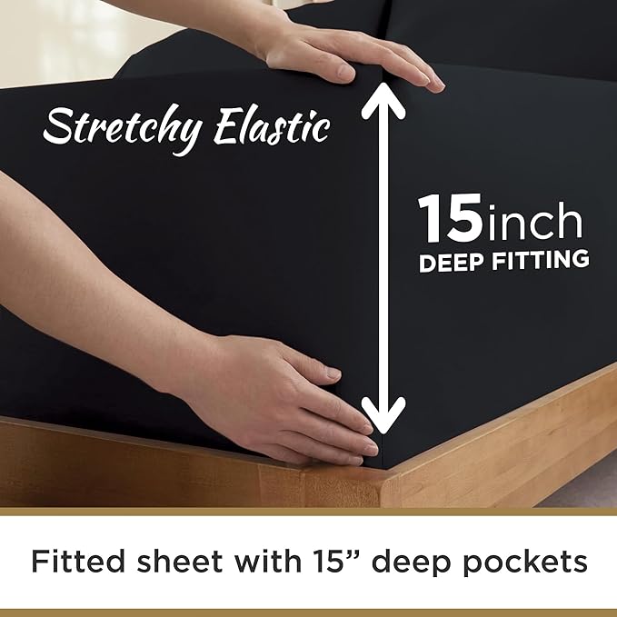 Twin XL 100% Microfiber Double Brushed Sheet Set - Extra-Soft & Wrinkle-Free - 15" Deep Pockets, 39" x 80" - Ideal for Dorms, Hospitals & Split King Beds - 3 PC Set (Twin XL, Black)