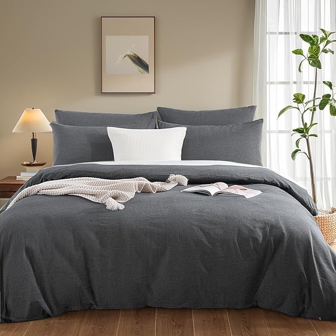 NEXHOME PRO Duvet Cover Queen 100% Washed Cotton, Organic Natural Linen Like Textured Breathable Durable Bedding Set Heather Black 9090