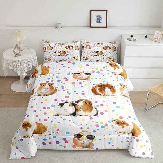 Guinea Pig Bedding Set for Girls Boys Children Cute Cavy Pattern Comforter Decorative Cartoon Lovely Pet Animal Comforter Set Colorful Polka Dots Duvet Set Twin Size 2Pcs Bedspreads Coverlet Sets