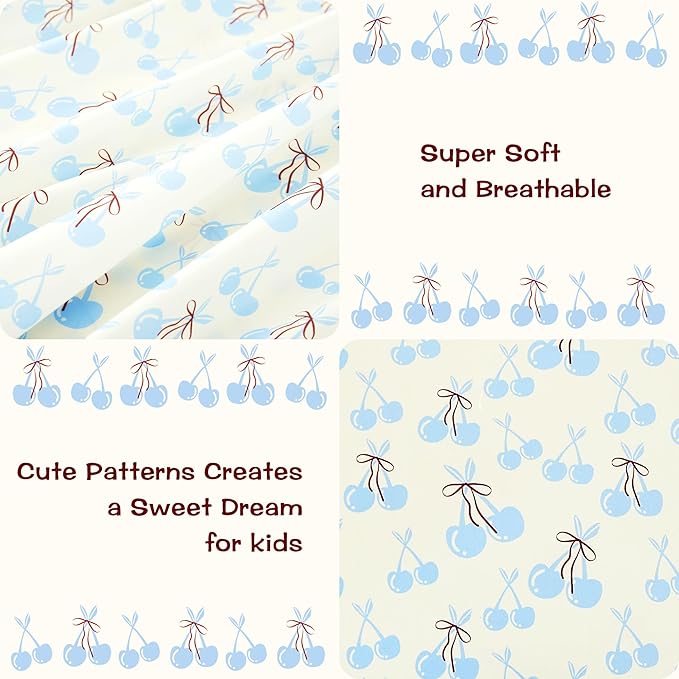 Kids Sheet Set Twin Size, Twin Sheet Set with Blue Cherry Pattern，Breathable Silky Soft Microfiber Kids Fitted Sheet