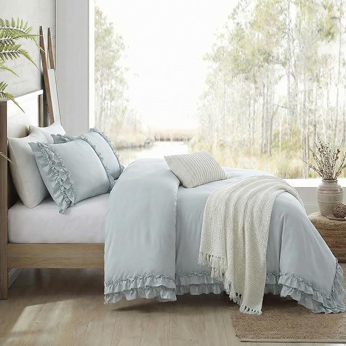 Bedrom Ruffled Queen Duvet Cover Set Blue Grey Bedding Set Shabby Chic Light Gray Boho Bedding Super Soft Lightweight Farmhouse Ruffle Duvet Cover Set for All Season