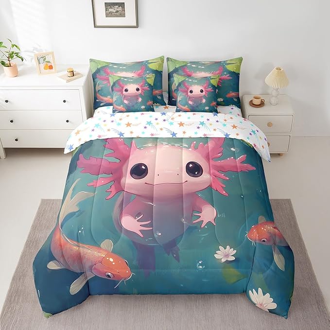 Feelyou Kids Cute Axolotl 7 Pieces Bedding Set King Size, Cartoon Salamander Bed in A Bag Ocean Sealife Comforter Set with Sheets Boys Girls Kawaii Animal Teens Bed Set Bedroom Decor 7Pcs