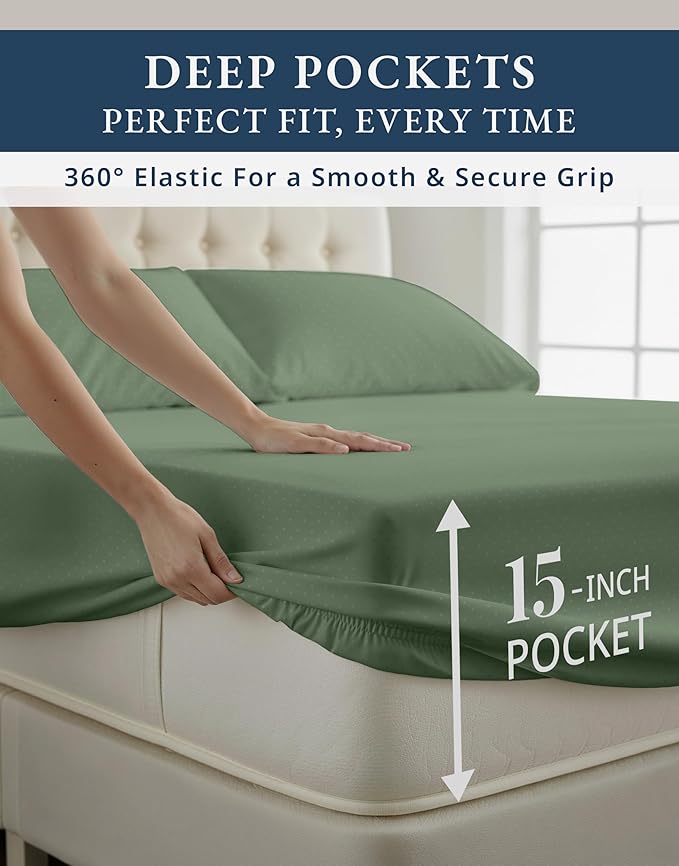 LANE LINEN 100% Egyptian Cotton Bed Sheets - Cal King 4-Piece Set, Long Staple Cotton, Luxury Hotel Quality, Fits Up to 16" Mattress, Swiss Dot - Iceberg Green