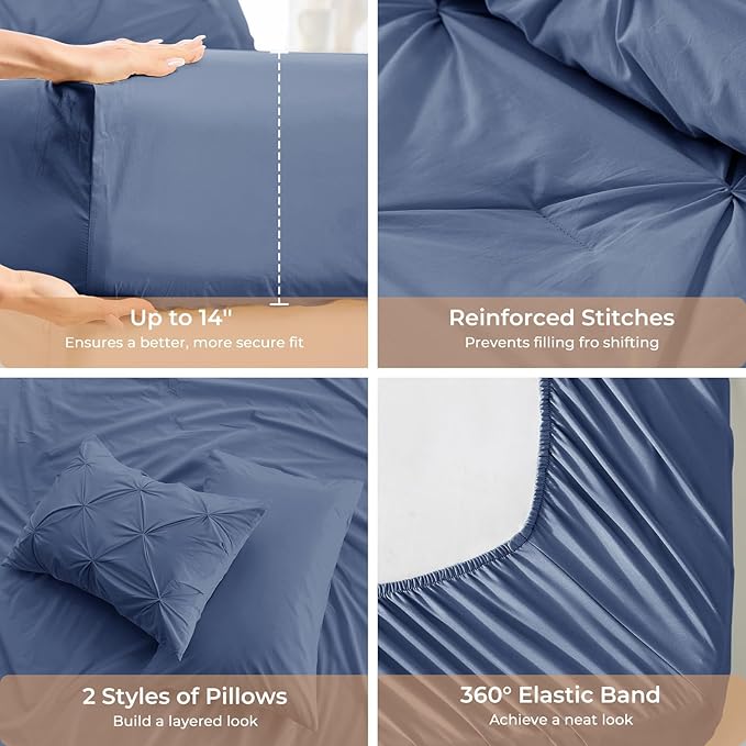 Sasttie Twin Comforter Set, 5-Piece Bed in a Bag, Pintuck Bedding Sets for All Season, Includes Comforter, Flat Sheet, Fitted Sheet, Pillowcase and Pillowsham, Slate Blue