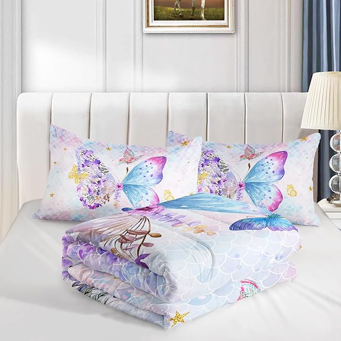 Axolotl Butterfly Bedding King,Rainbow Butterflies Comforter Set for Girls Teens,Butterfly Bedding for Girls with Golden Star Scales,Watercolor Butterflies Quilt Set with 1 Comforter 2 Pillowcases