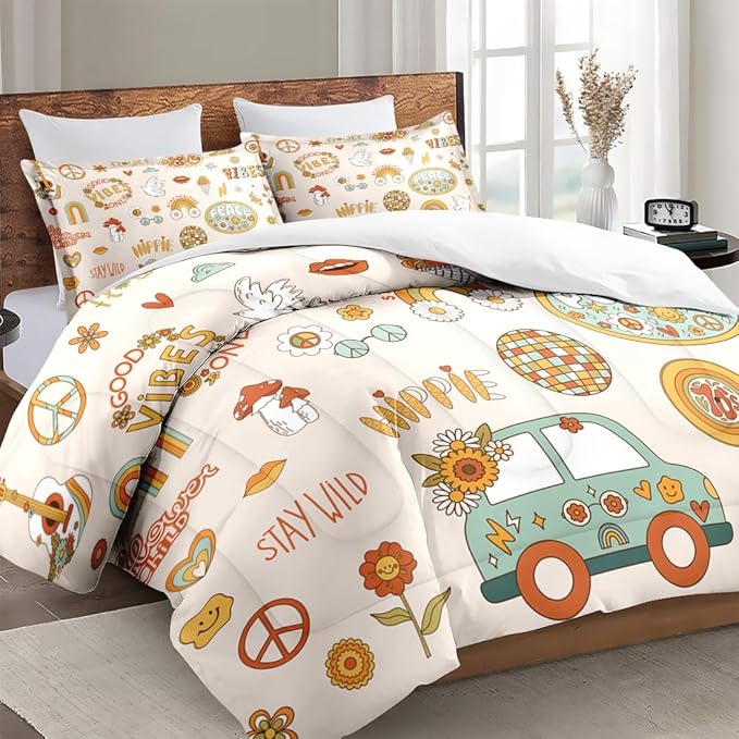 Queen Size Comforter Set with 2 Pillowcases, Retro 70S Funny Hippie Psychedelic Soft 3 Pcs Bedding Set for Kids and Adults Bedroom Bed Decor