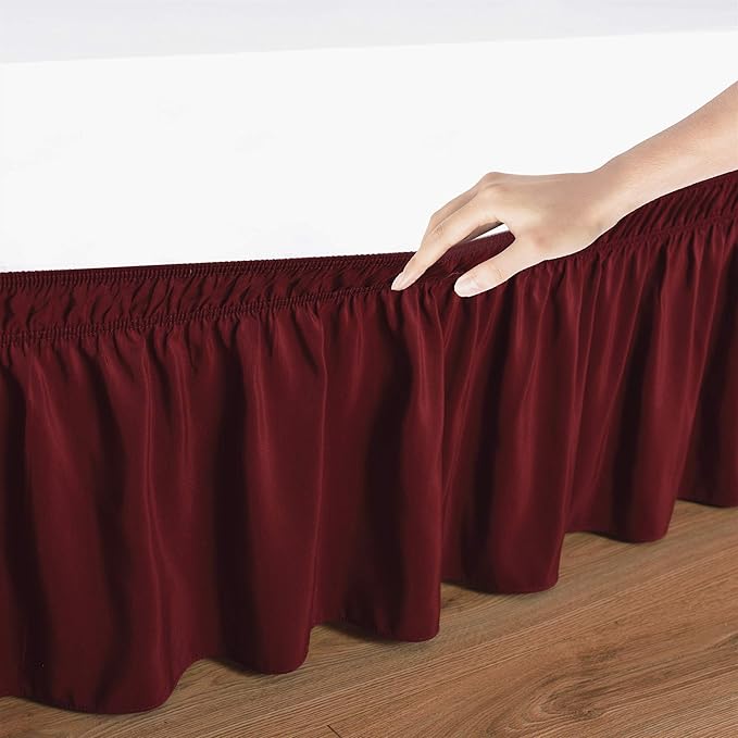 Wrap Around Bed Skirts Elastic Dust Ruffles, Easy Fit Wrinkle and Fade Resistant Silky Microfiber Fabric Solid Color Bedskirt, 12 Inch Tailored Drop Burgundy for Olympic Queen Size Bed Skirt