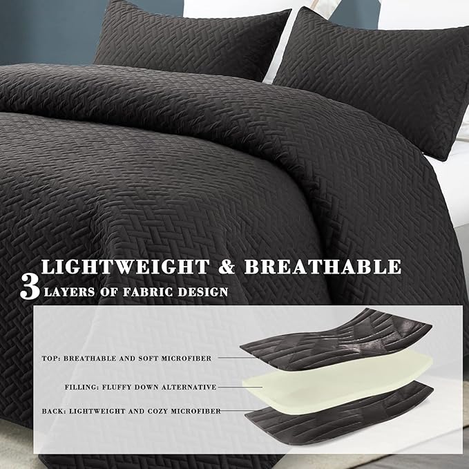 Exclusivo Mezcla King Size Quilt Bedspreads with Basket Weave Pattern, Soft Lightweight Summer Quilts Bedding Set Coverlets Bed Cover for All Seasons, Black
