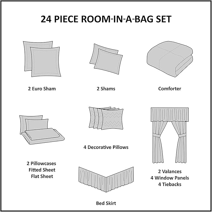 Madison Park Essentials Brystol 24 Piece Room in a Bag Faux Silk Comforter Jacquard Paisley Design Matching Curtains Down Alternative All Season Bedding-Set, Black 24 Piece, King(104 in x 92 in)