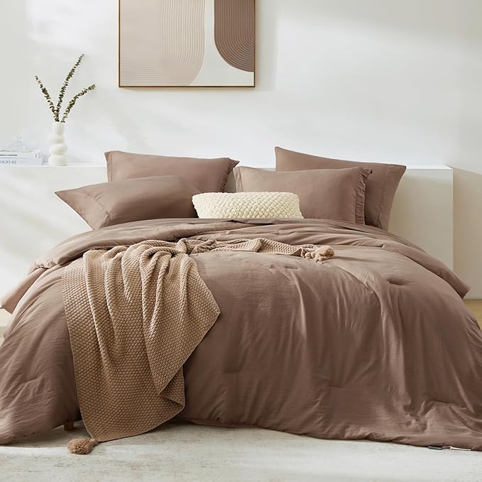 WRENSONGE King Size Comforter Sets, 7 Pieces Soft Brown Bed in a Bag King with Fitted Sheet, Flat Sheet, 2 Pillow Shams, and 2 Pillowcases-Warm Bedding Sets for All Season