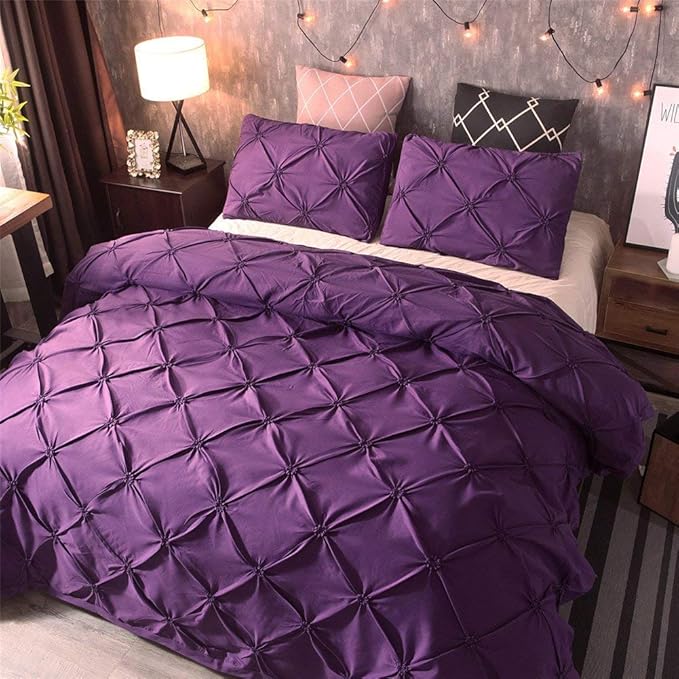 Feelyou Pintuck Duvet Cover Set King Size Purple Pinch Pleat Duvet Cover Tufted Design Bedding Set Zipper Soft Polyester Comforter Cover with 2 Pilllow Shams, Solid Geometric 3 Pieces