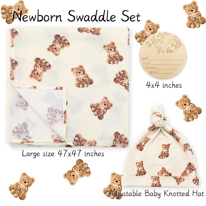 LifeTree Muslin Swaddle Blankets, Muslin Baby Swaddle Blanket and Hat Set with Birth Announcement Card, Newborn Unisex Receiving Blankets Bear Pattern