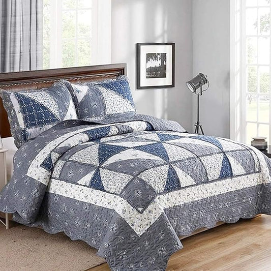Patchwork Quilt Set King Size Quilted Bedspread Coverlet Set 3-Piece Grey Lightweight Comforter Floral Reversible Stitched Quilt Bedding Set Bed Cover Blanket with 2 Pillow Shams for All Season