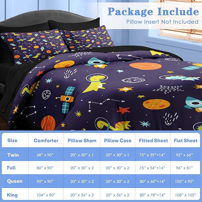 Comforter Set Queen Size, Space Astronaut Dinosaur 7 Pcs Bedding for Kids and Adults, Funny Galaxy Dino Planet Bed Sheet Sets with Fitted Sheet 2 Pillowcases & 2 Shams for Bedroom Bed Decor